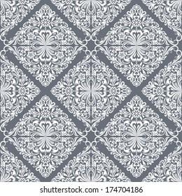 Seamless white and grey floral vector wallpaper pattern.