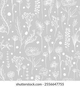 Seamless white and grey pattern grass and flowers. hand drawing. Not AI, Vector illustration