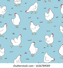 Seamless white hens pattern. Chicken vector illustration.