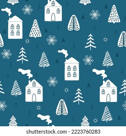 Seamless white houses, trees and snowflakes. Winter pattern