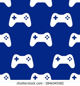 Seamless white joy controller pattern isolate on blue background, gaming concept. 