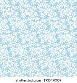 Seamless white lace with clematis pattern on a blue background