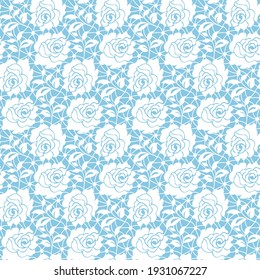 Seamless white lace with floral pattern on blue background