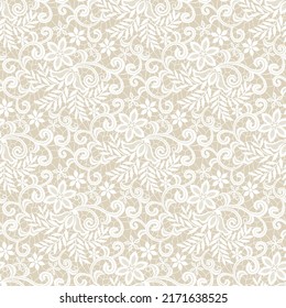 Encaje blanco inmaculado con estampado floral sobre fondo beige