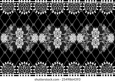 Seamless white lace pattern. Black background, illustration, vector, curtain, fashion clothing.