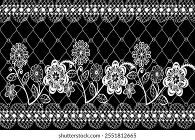 Seamless white lace pattern. Black background, illustration, vector, curtain, fashion clothing.