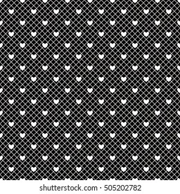 Seamless white lace pattern with hearts on black background. Vector illustration.