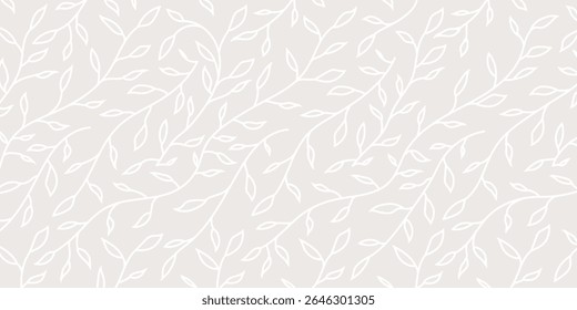 Seamless white leaf outline pattern on soft beige background. Elegant botanical vector for fabric, wallpaper, packaging, and minimalist nature-themed designs.