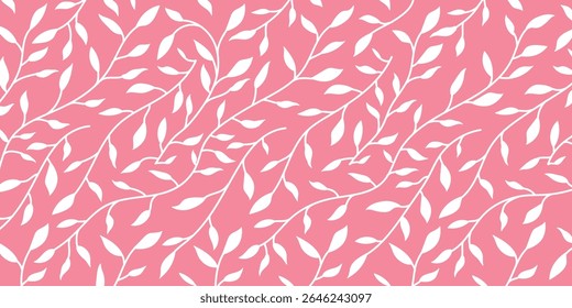 Seamless white leaf pattern on pink background. Cute botanical foliage vector design for fabric, wrapping paper, wallpaper, and feminine nature-themed decoration projects.