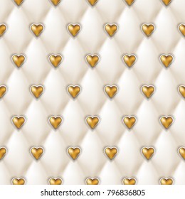 Seamless white leather texture with shiny golden hearts buttons. Vector silk satin textile, Valentines day background. Abstract luxury romantic holiday background.