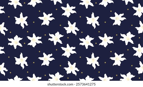 Seamless White Lily Flower Pattern On Blue Background. Vector Illustration. Wallpaper