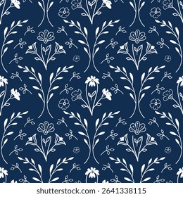 Seamless White Line Floral Pattern on Midnight Blue Background