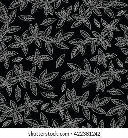 Seamless with white line leaves on the black background. For banner, card, invitation, postcard, textile, fabric, wrapping paper.