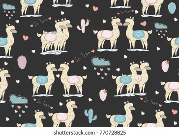 Seamless white llama pattern on dark background with clouds with hearts and cacti. Hand Drawn Scandinavian Style. Vector Illustration