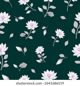 Seamless white lotus flower repeat pattern on forest green background, ideal for fabric prints, packaging, home decor and digital applications.
