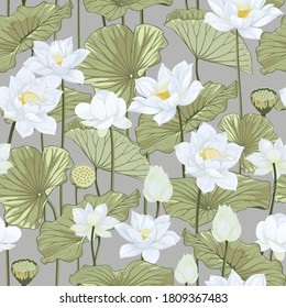 Seamless White Lotus Flowers and Buds with Green Leaves on retro Background for Fabric and Decorative Patterns