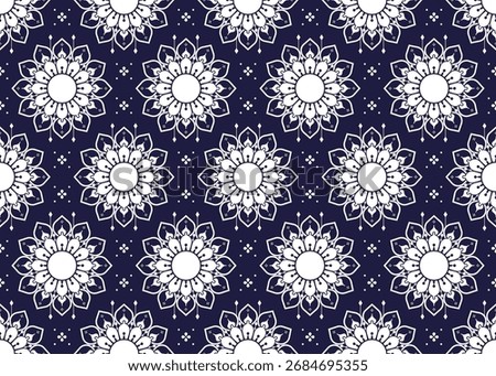 Seamless white mandalas on dark blue background, ethnic fabric pattern, Portuguese style, design for cloth, carpet, batik, wallpaper, wrapping etc.