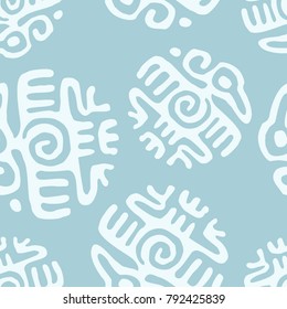 Seamless white modern backdrop pattern with aztec and mayan eagle on blue background