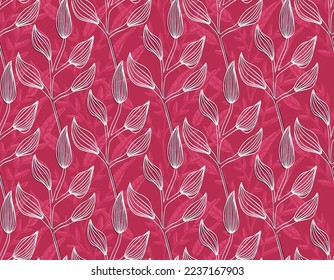 Seamless white monochrome leaves pattern. viva magenta background. vector illustration