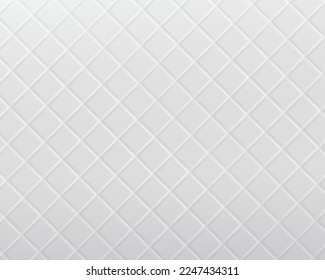 Seamless white mosaic square tiles laid in oblique pattern. White ceramic grout background.