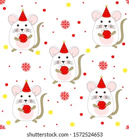 seamless white mouse pattern with snowflakes vector illustration. new year rat.