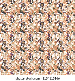 Seamless white, orange and beige background with abstract flowers and elements. Vector retro illustration. Ideal for printing on fabric or paper.