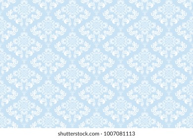 Seamless white ornament on a light blue background. Floral ornament on background. Wallpaper pattern