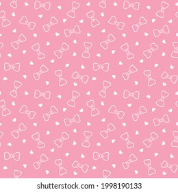 Seamless White Outline Bow Tie Pattern With Small Heart Shape, Pink Color Background