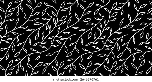 Seamless white outline leaf pattern on black background. Elegant hand-drawn botanical vector for fabric, wallpaper, wrapping paper, stationery, and nature-themed minimalist designs.