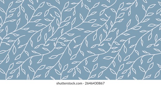 Seamless white outline leaf pattern on blue background. Elegant botanical vector design for fabric, wallpaper, packaging, invitations, eco prints, and modern natural-themed decor.