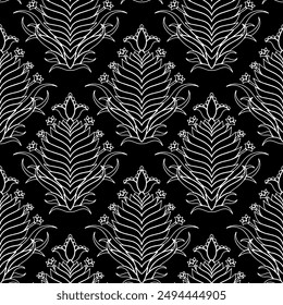 Patrón Damasco moderno con contorno blanco inconsútil sobre un fondo negro. Fondo de repetición abstracto floral folk monocromo.