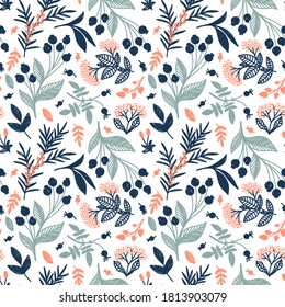 SEAMLESS WHITE PATTERN WITH AUTUMN BERRIES AND TWIGS DRAWN IN VECTOR