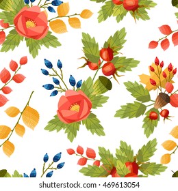 Seamless white pattern with autumn bouquets, berries, leaves. Vector illustration