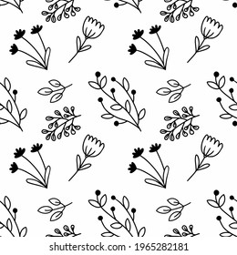 Seamless white pattern with black doodle style branches. Endless background for printing on fabric and packaging paper.