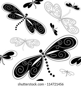 Seamless white pattern with black dragonflies and vintage curls (vector)