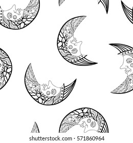 Seamless white pattern with black moon. Vector