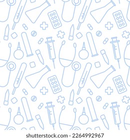 Seamless white pattern with blue medical instruments