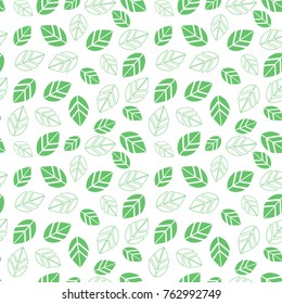 Seamless white pattern with bright  green leaves. A leaf in simple, cartoon style. Vector illustration in eps 10