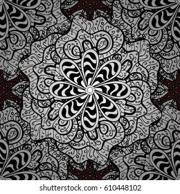 Seamless white pattern. Brown background with white elements. Vector white floral ornament brocade textile and glass pattern. Light dark with floral pattern.