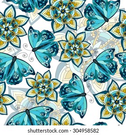 Seamless white pattern with butterflies. Hand drawing doodle. Vector illustration