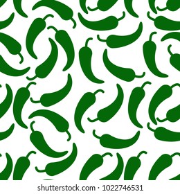 Seamless white pattern. Chili peppers in flat style. Green silhouettes. Vector illustration 