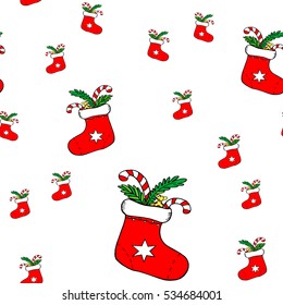 Seamless white pattern with Christmas red socks, fir tree branches and traditional curly candies with stripes, star. New Year festive winter symbol. Cartoon design for prints,  fabric, textile, cards.