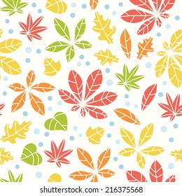 Seamless white pattern with colorful autumn leaves and raindrops. Vector illustration