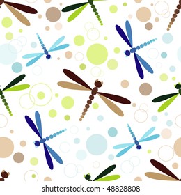 Seamless white pattern with colorful dragonflies and balls (vector)
