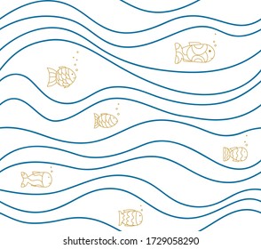 Seamless White Pattern With Drawn Fish And Waves. Vector Abstract Sea Background. Simple Baby's Drawing, Wallpaper, Texture.