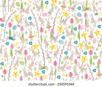 Seamless white pattern with white easter rabbits and spring flowers