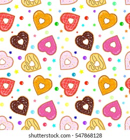 Seamless white pattern full of heart-shaped and handdrawn donuts with different colors, flavors, toppings and sprinkles - Eps10 vector graphics and illustration