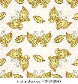 Seamless white pattern with gold butterflies, vector eps10