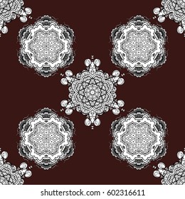 Seamless white pattern. Gray metal with floral pattern. Brown background with white elements. Vector white floral ornament brocade textile and glass pattern.