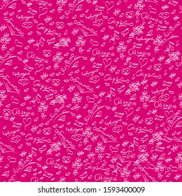 seamless white pattern with hearts handwritten Russian words love kiss wait adore hug on purple background